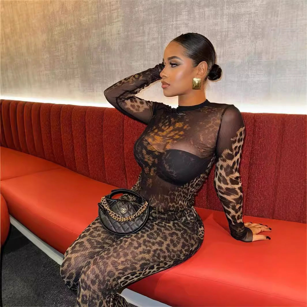 GR | Leopard print long-sleeved top and pants set