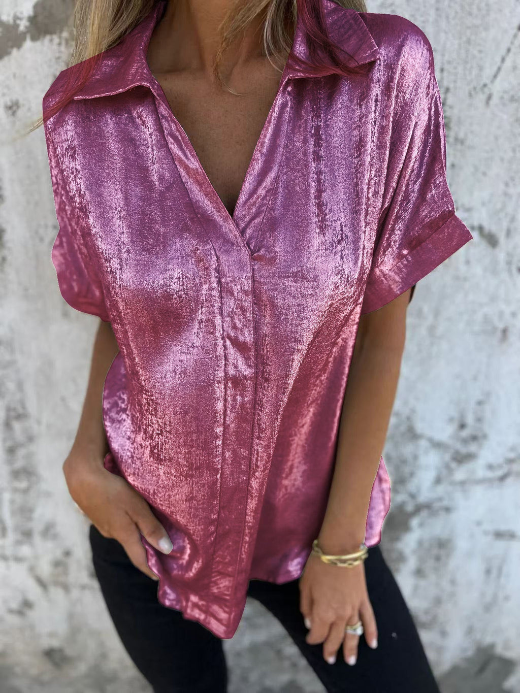 Women's short-sleeved silk blouse with elegant sheen and fashionable lapel, size S
