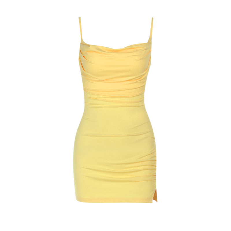 Women's mini dress with sophisticated ruching and sexy slit, size