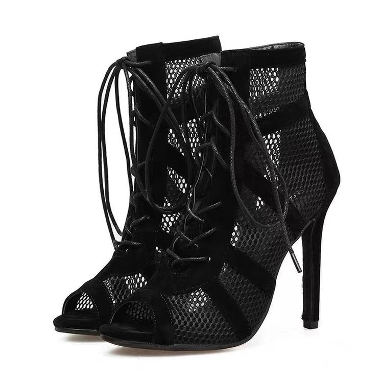 Women's open boots in a unique mesh design with elegant lacing, size S