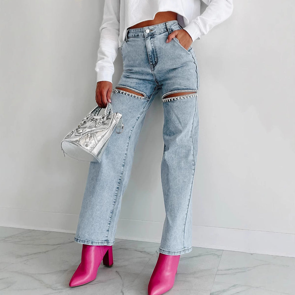 Women's wide-leg jeans with cut-out details and elegant fringe, size GR