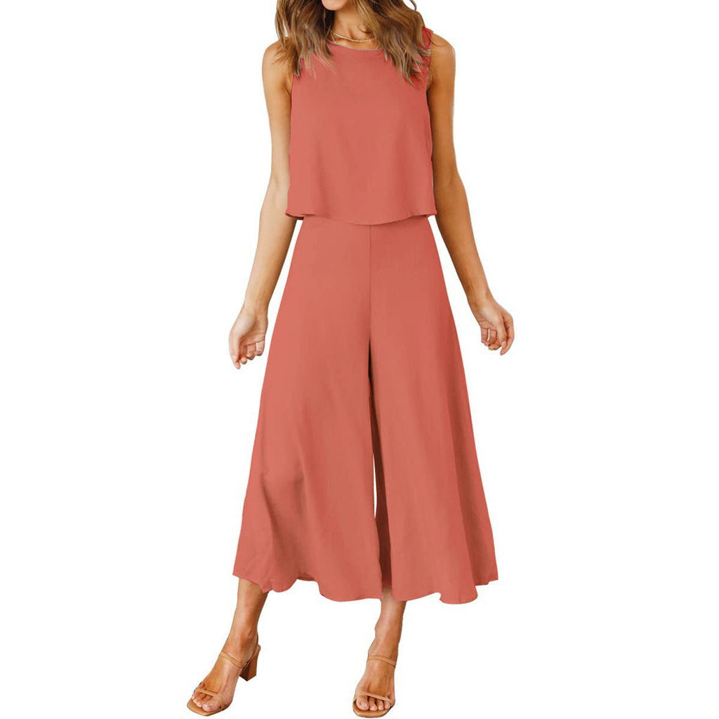 Women's airy jumpsuit with flared leg and sleeveless design, size S