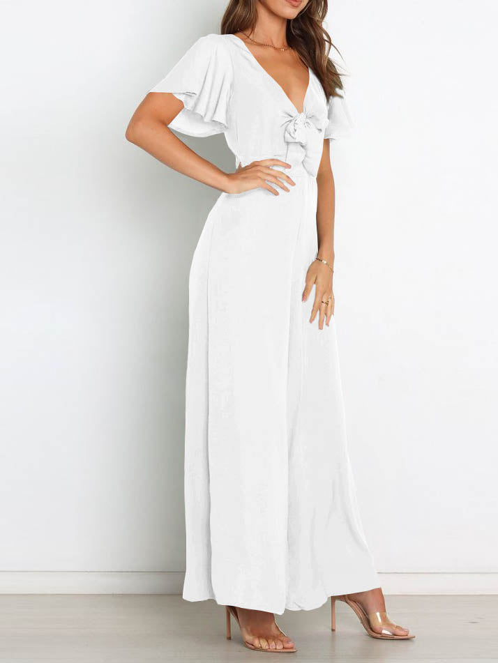 GR | Short-sleeved wide-leg casual V-neck jumpsuit