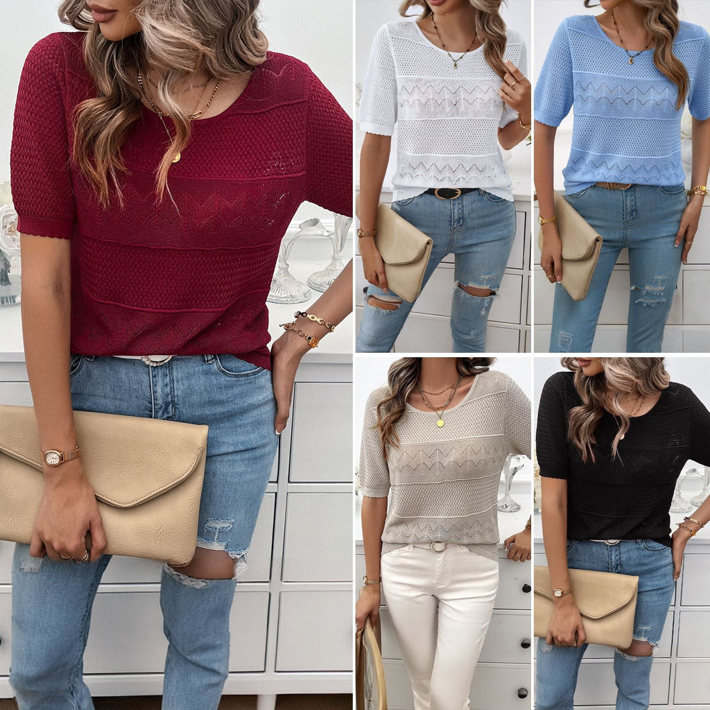 Women's airy knit top with fashionable openwork pattern and charming ruffled hem, size S