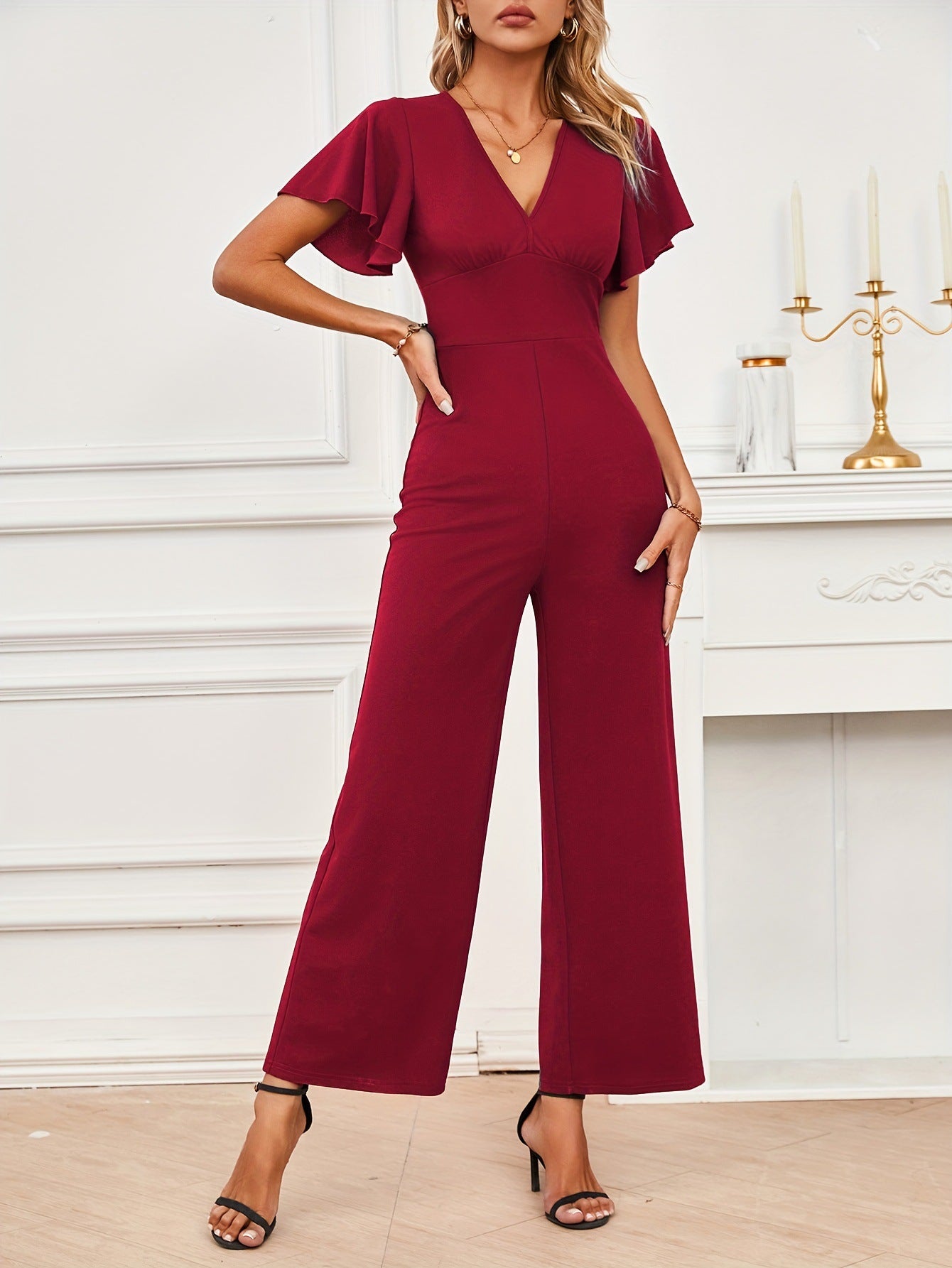 Women's elegant wide-leg jumpsuit with ruffle details, size