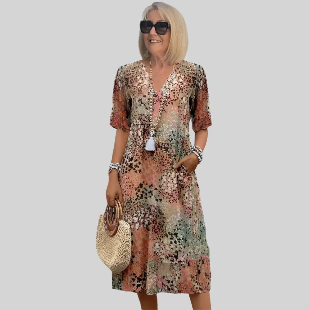 Women's loose summer dress with V-neck and pockets
