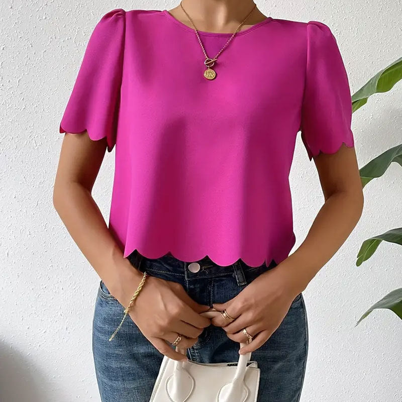 Women's top with wavy hem and airy sleeves, size