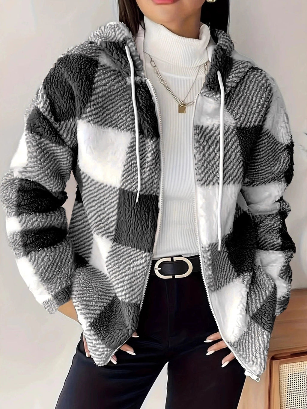 GR | Kariert Teddy Hoodie Jacke | Warm und Bequem für den Winter