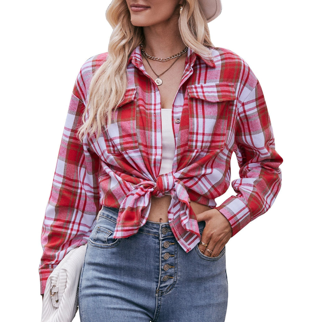 Women's checked shirt with button-up front design and casual knot detail, size GR