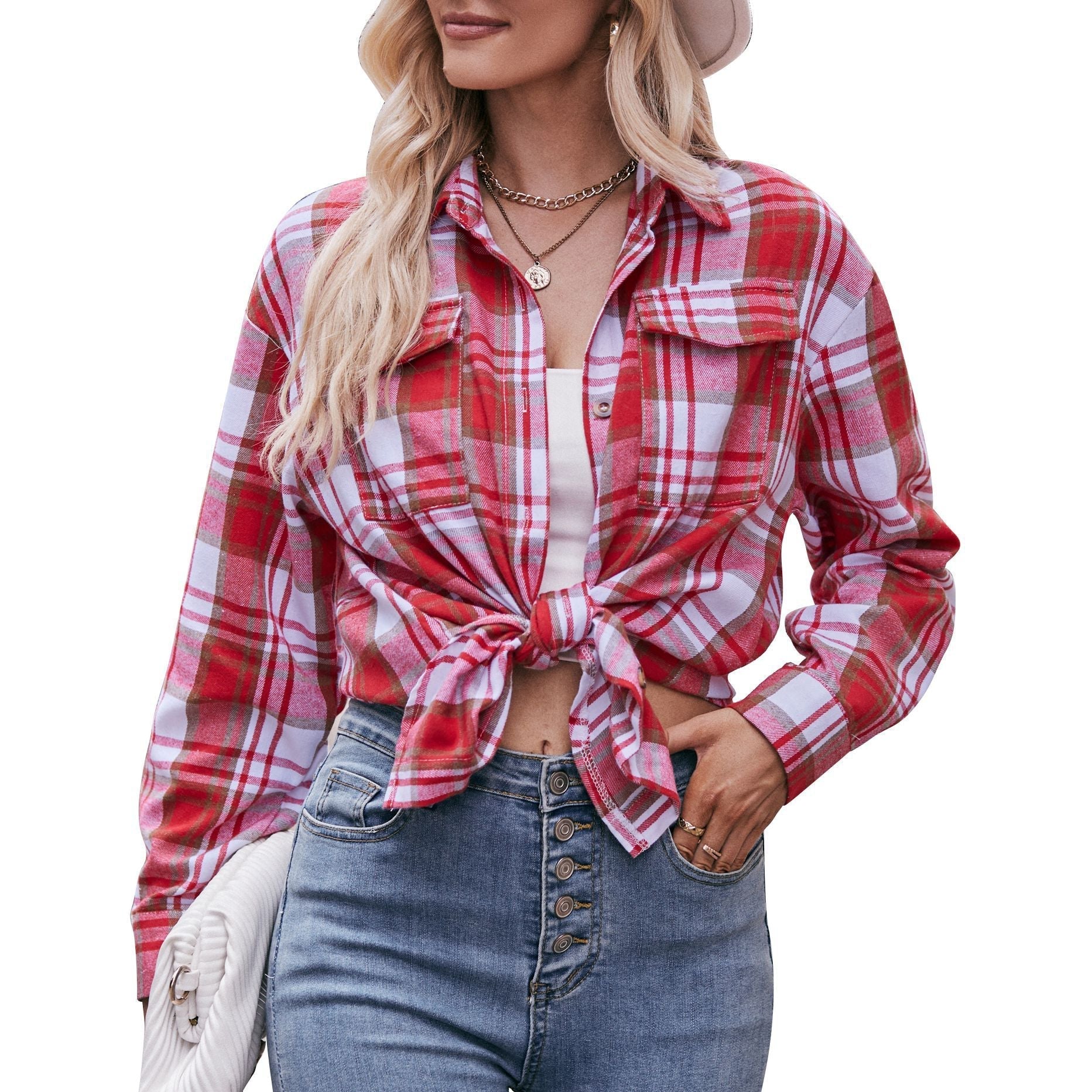 Women's checked shirt with button-up front design and casual knot detail, size GR