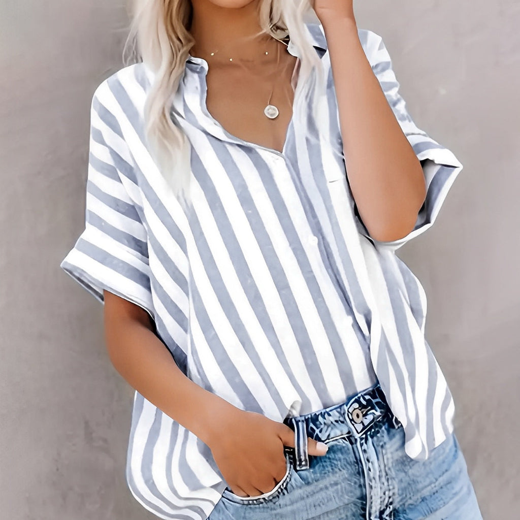 Women's Oversized Striped Shirt with Classic Collar and Short Sleeves, Size