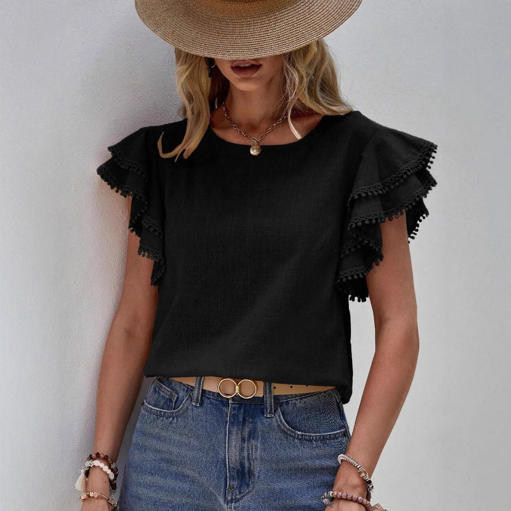 Women's lightweight top with playful ruffles and decorative hem, size [size]