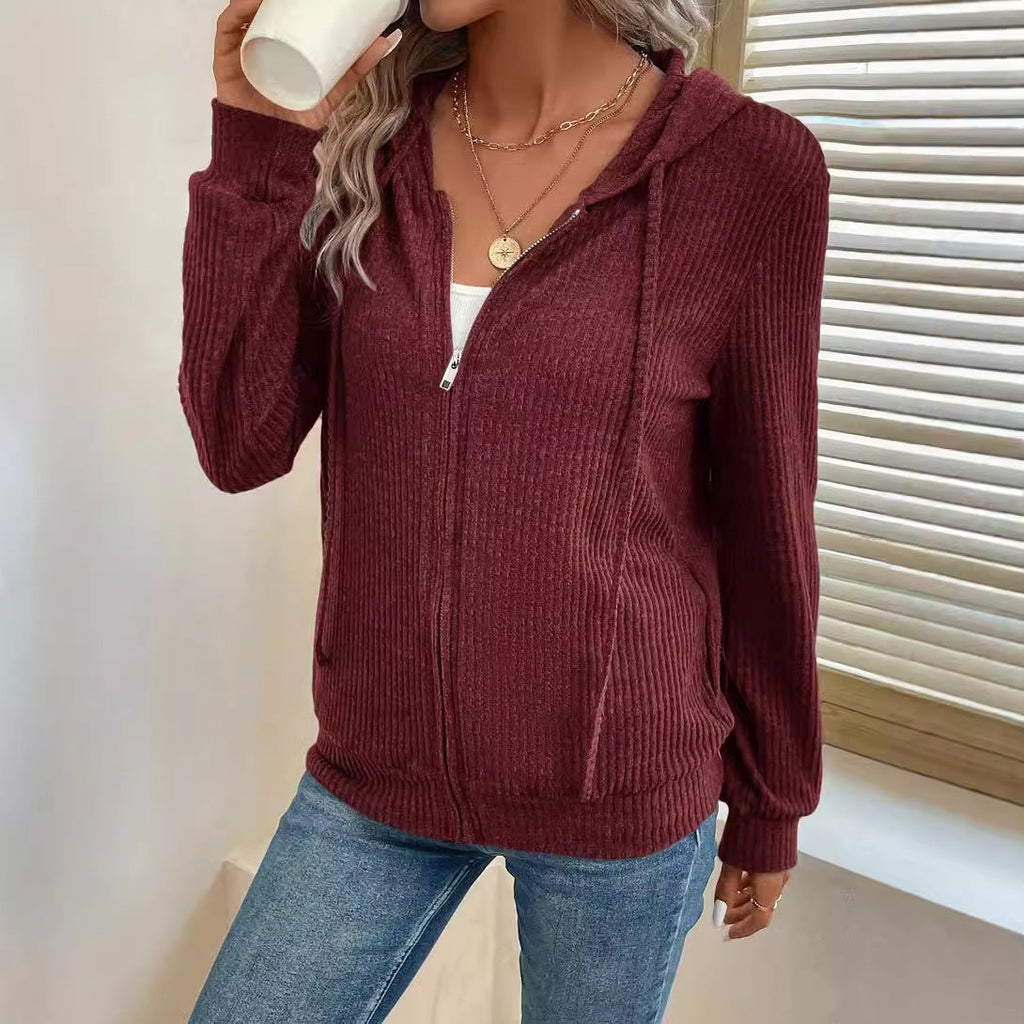 Damen gemütliche Kapuzenjacke im stylischen Rippstrickdesign GR