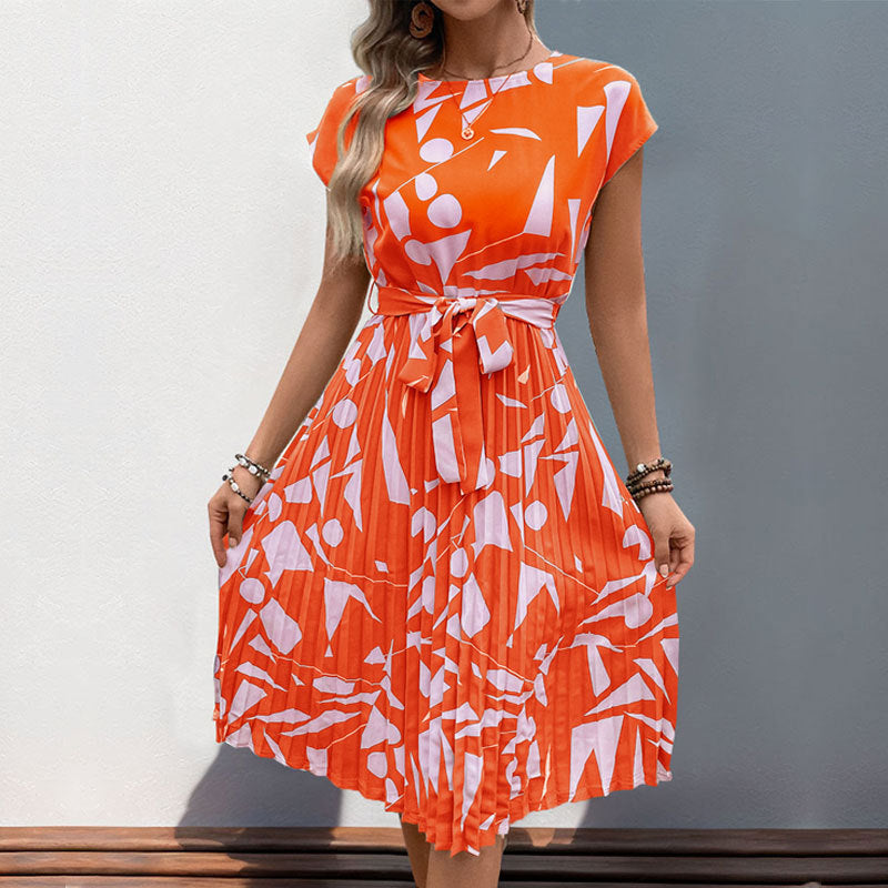 Women's midi dress with trendy geometric pattern mix and adjustable belt, size S