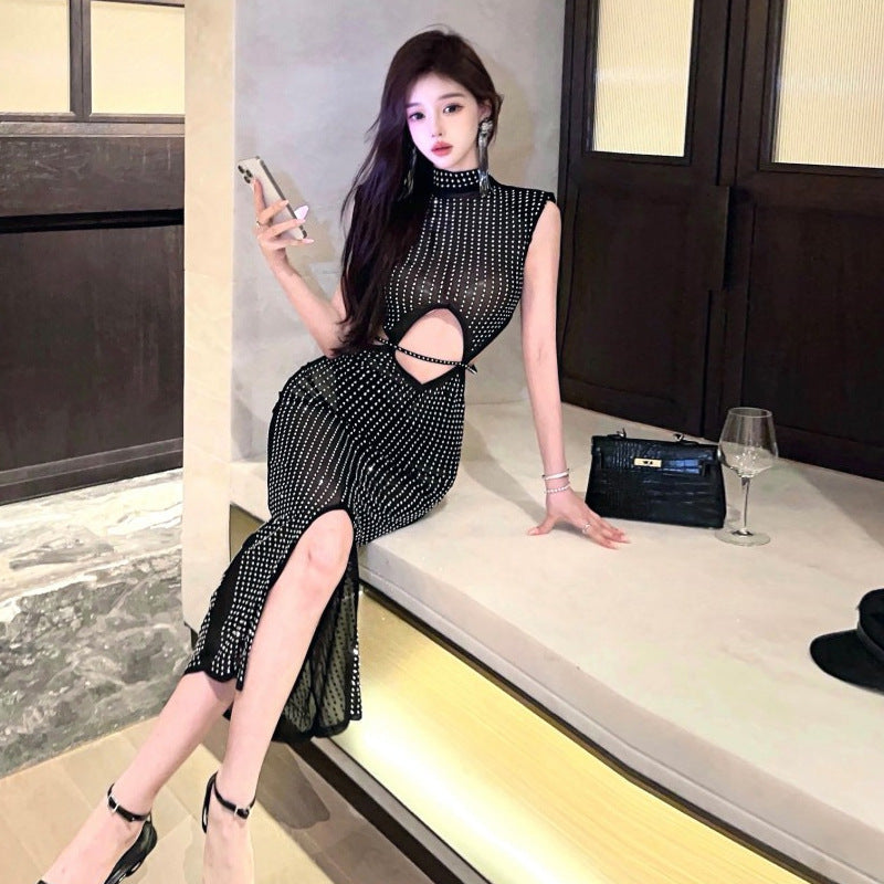 GRMODE | Sexy Mesh Durchsichtig Strass Hollow Split Bodycon Kleid