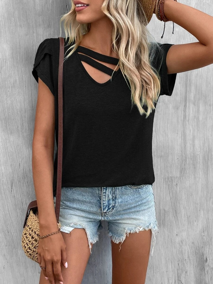 Women's casual short-sleeved T-shirt with unique cross-neck, size