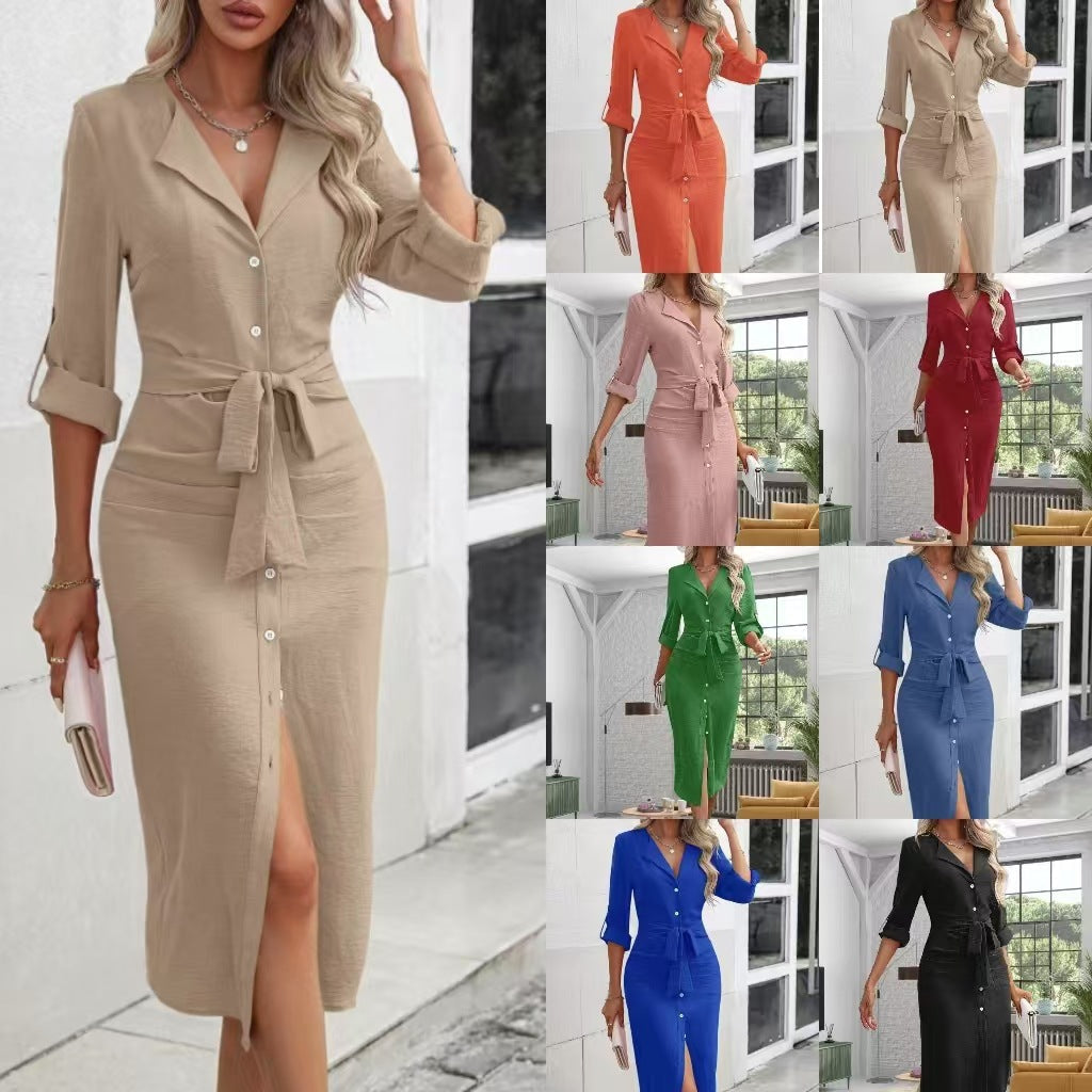 Women's knee-length shirt dress with belt and modern lapel, size S