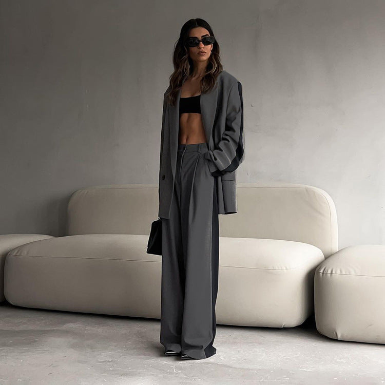 GR | Office Casual Women's Contrast Color Coat & Wide Leg Trousers Sat