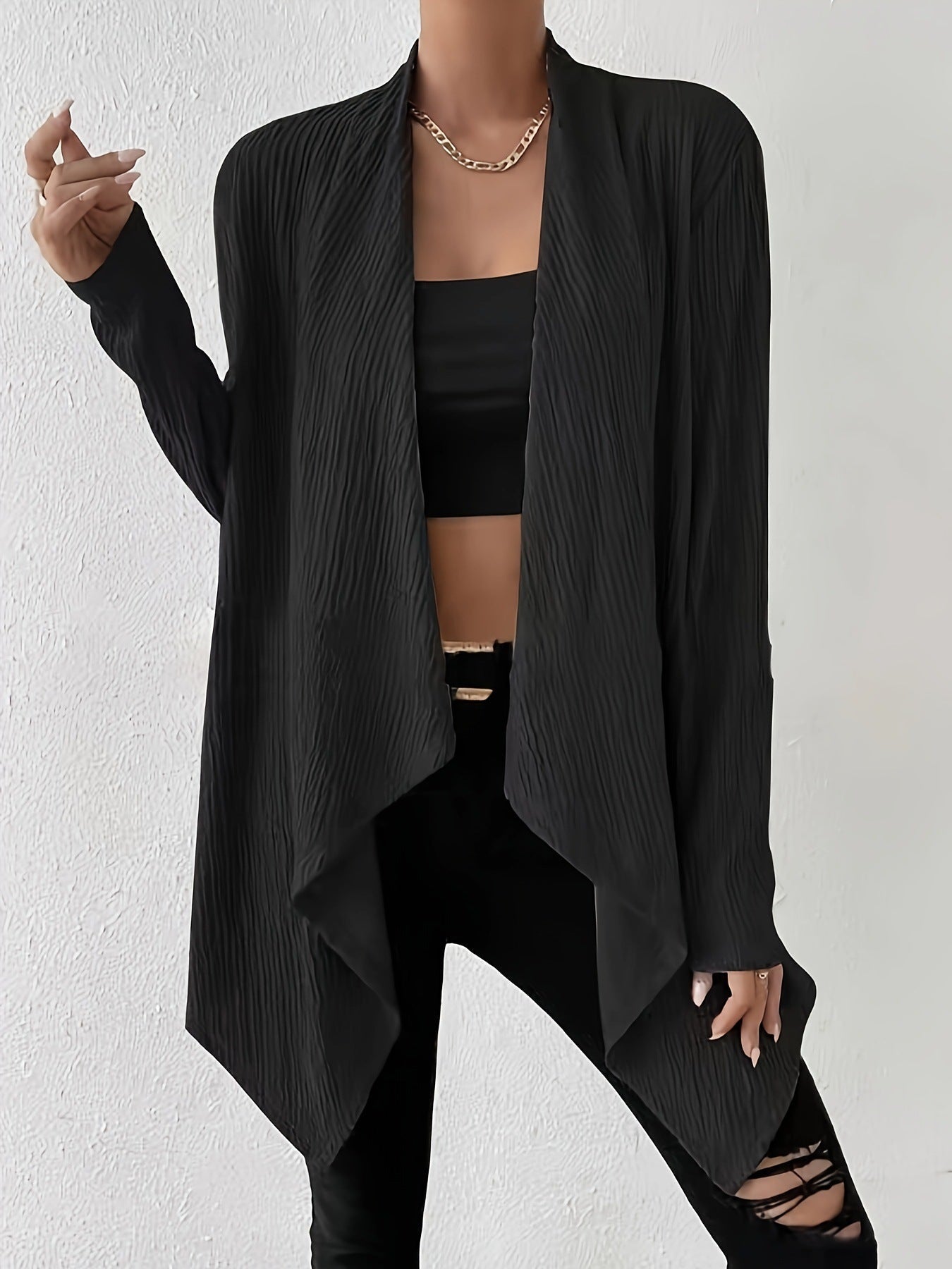 Women's draped long jacket made of breathable material with a modern cut, size S