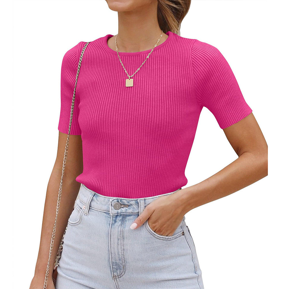 Damen figurbetontes T-Shirt mit feiner Rippstruktur und Rundhalsausschnitt GR