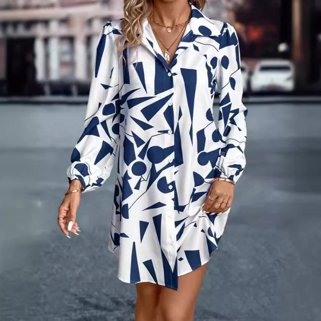 Damen Hemdblusen-Kleid mit modernem geometrischem Druck und praktischen Knopfdetails GR