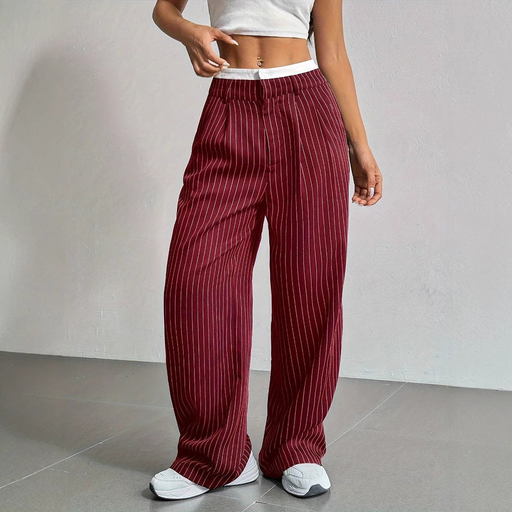 Women's Elegant Wide-Leg Pinstripe High-Waisted Trousers, Size