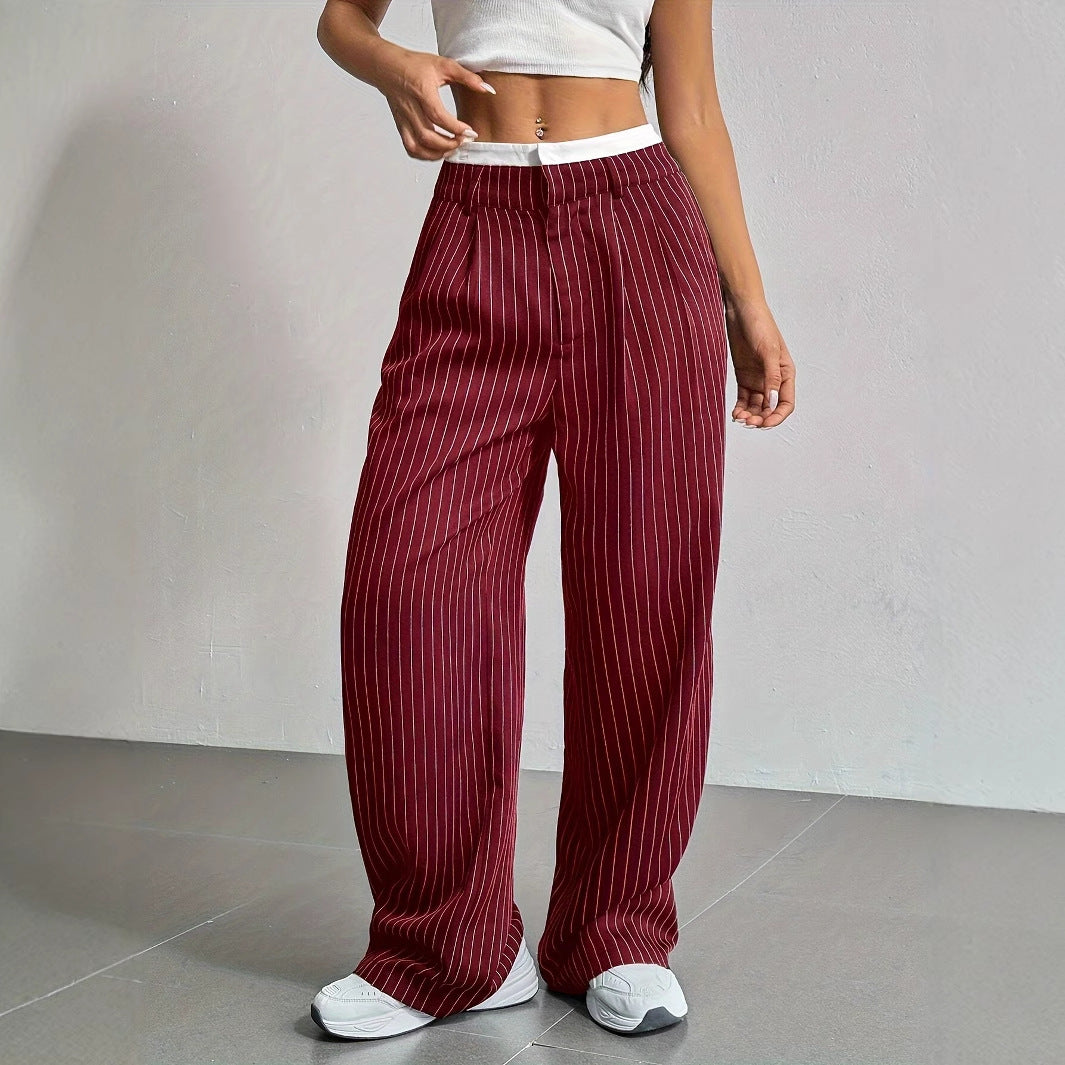 Women's Elegant Wide-Leg Pinstripe High-Waisted Trousers, Size