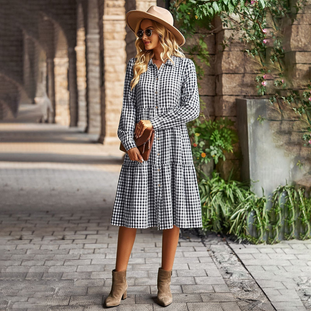 Damen karierte Midi-Bluse mit Knopfleiste und ausgestelltem Rock GR