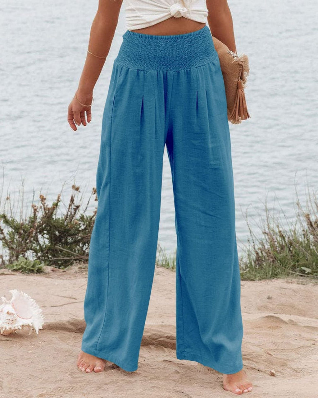 Damen Weite Leinenhose mit elastischem Bund und Falten GR