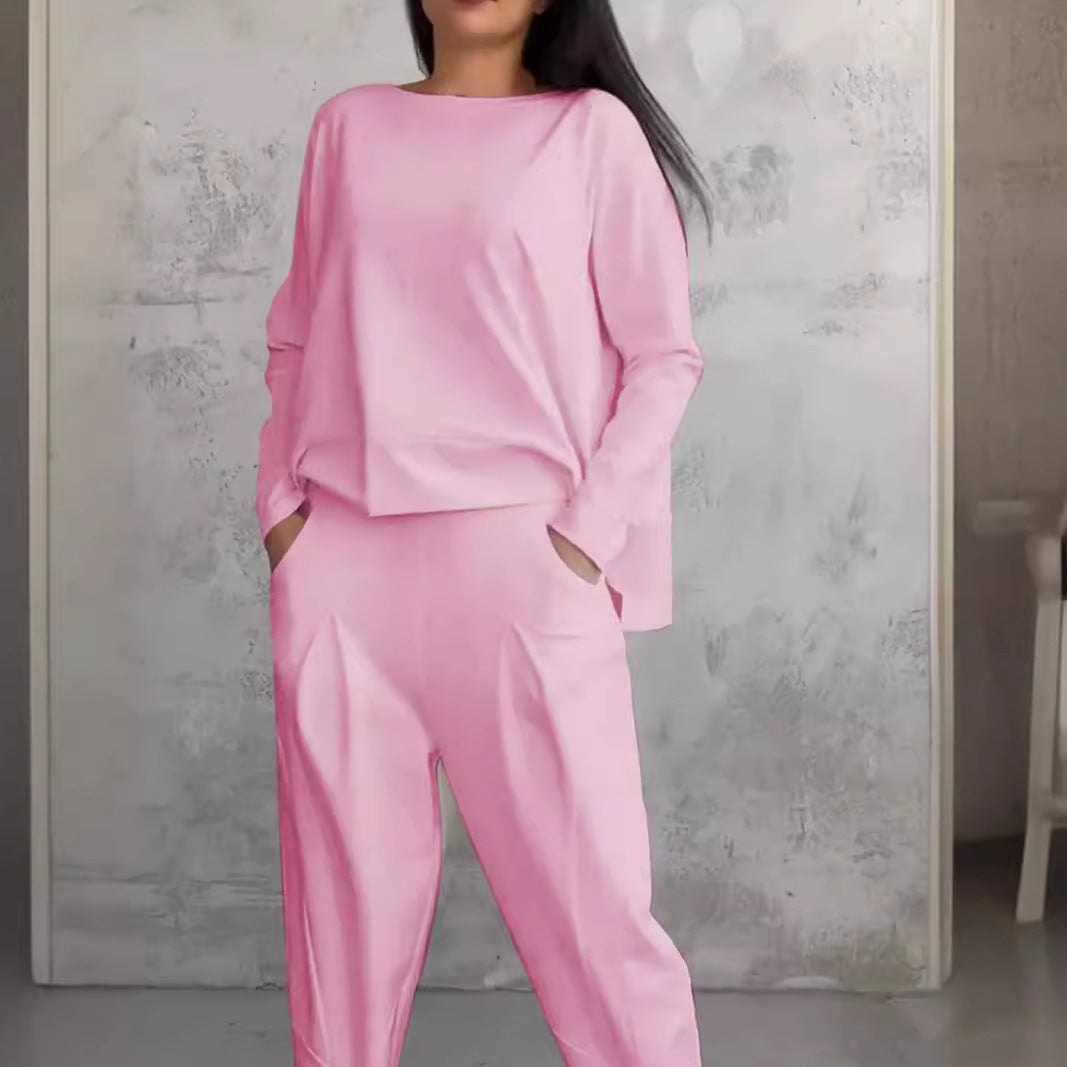GR | Solid color slim-fit trouser suit with round neckline