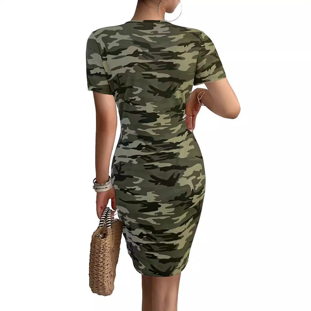 Women's figure-hugging camouflage dress with short sleeves and V-neck, size