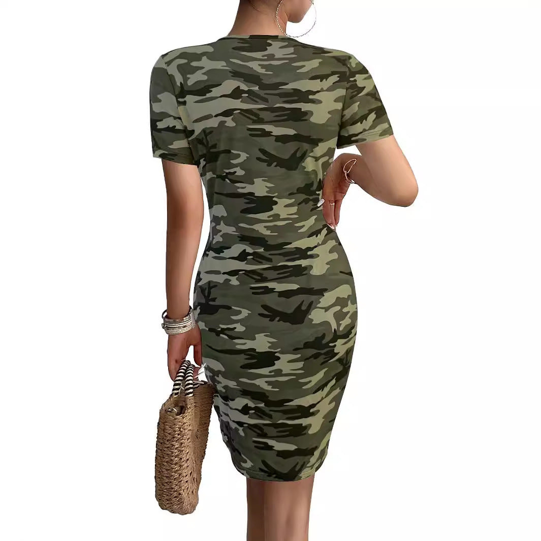 Women's figure-hugging camouflage dress with short sleeves and V-neck, size