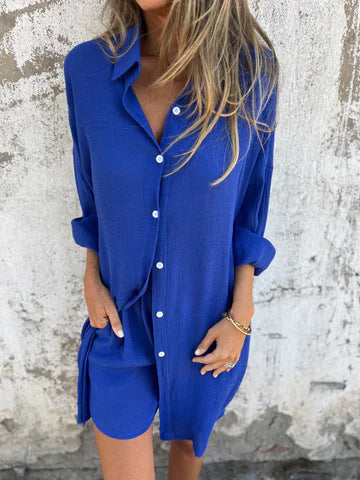 Damen lässige Hemdblusenkleid mit kurzen Ärmeln und praktischen Taschen GR
