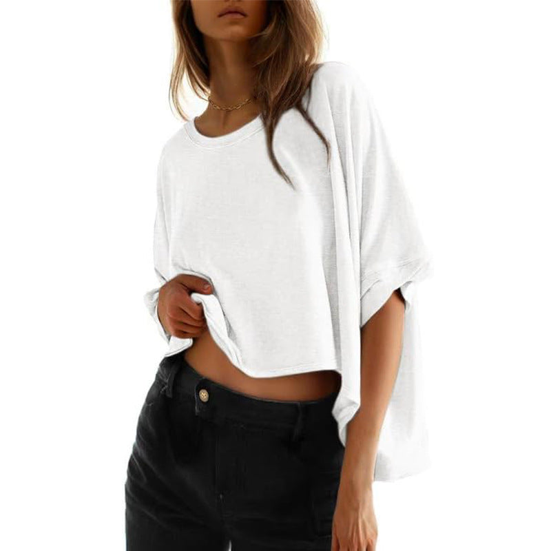 Women's casual cropped top with wide sleeves and round neckline, size