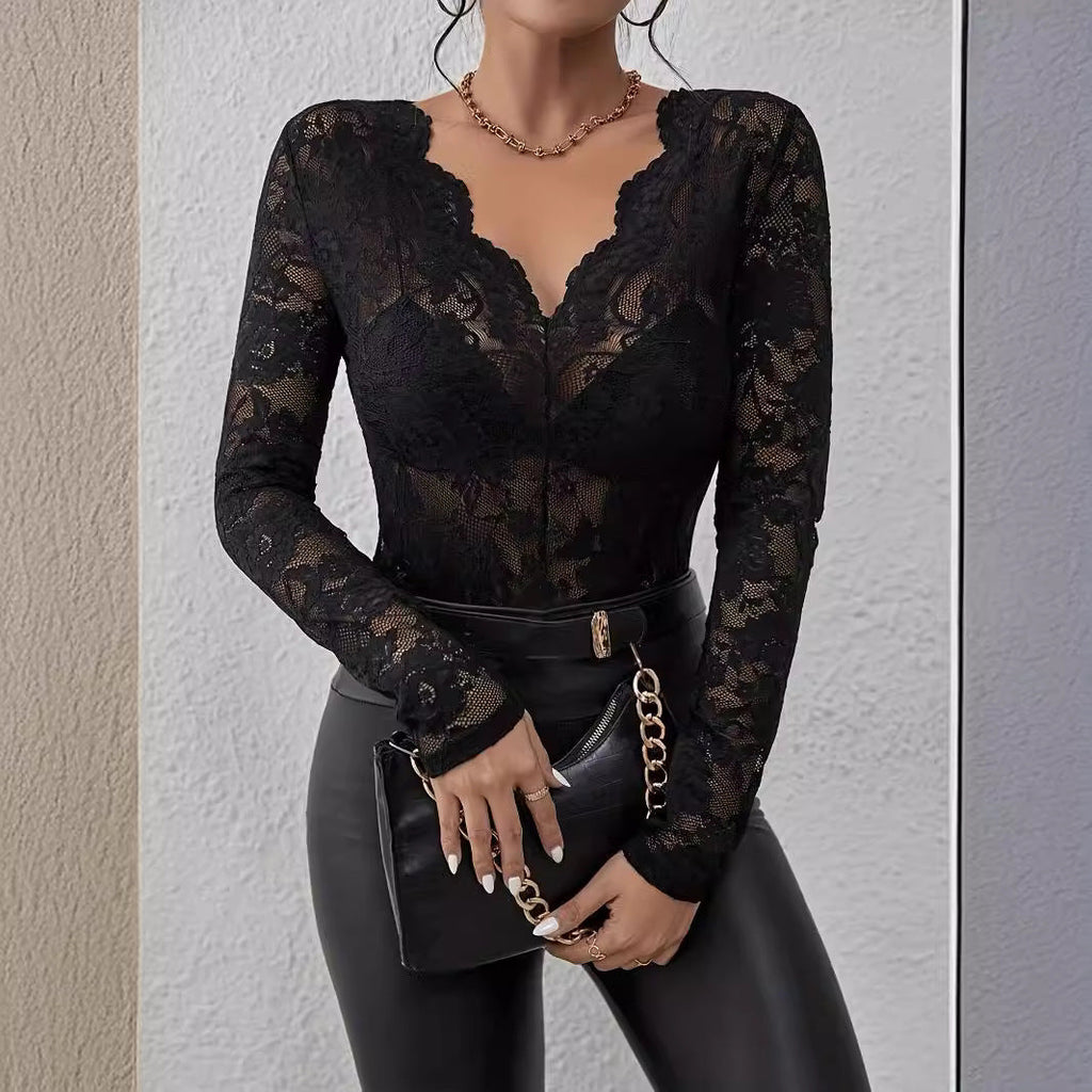 GR | Lace-Fan-Shaped Decorative Base Shirt Top