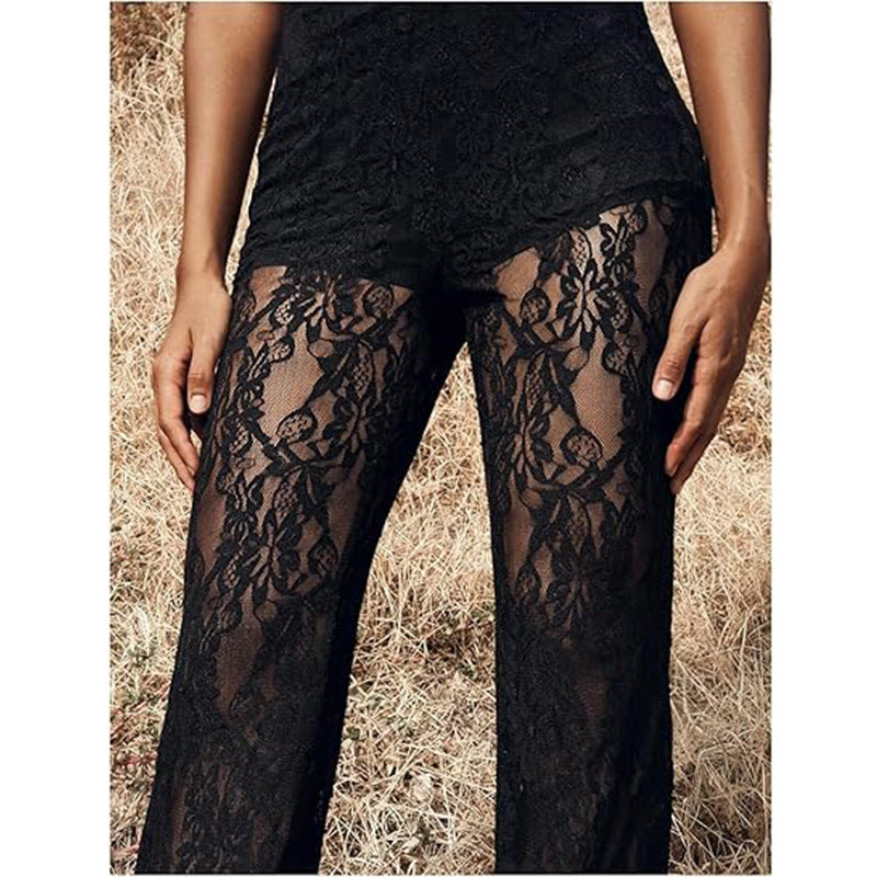 Damen elegante Spitzenhose mit hohem Bund und weit geschnittenem Bein GR
