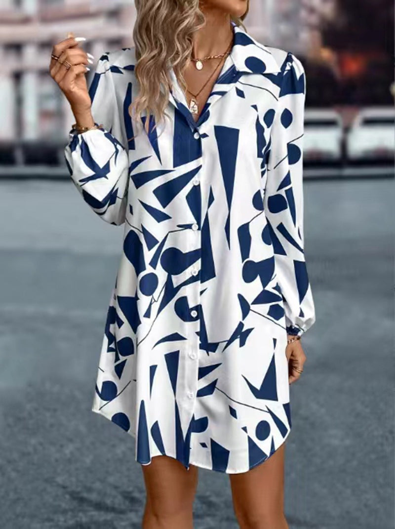 Damen Hemdblusen-Kleid mit modernem geometrischem Druck und praktischen Knopfdetails GR