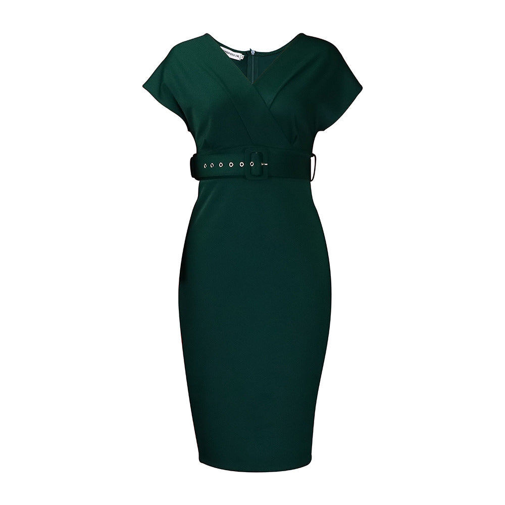 GR | Damen V-Ausschnitt Figurbetontes Midi Kleid mit Gürtel