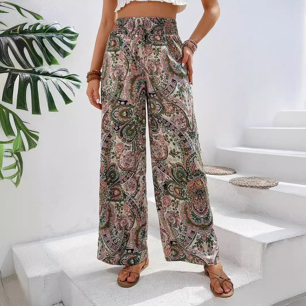 Damen weite Palazzo-Hose mit elastischem Bund und elegantem Paisleymuster GR