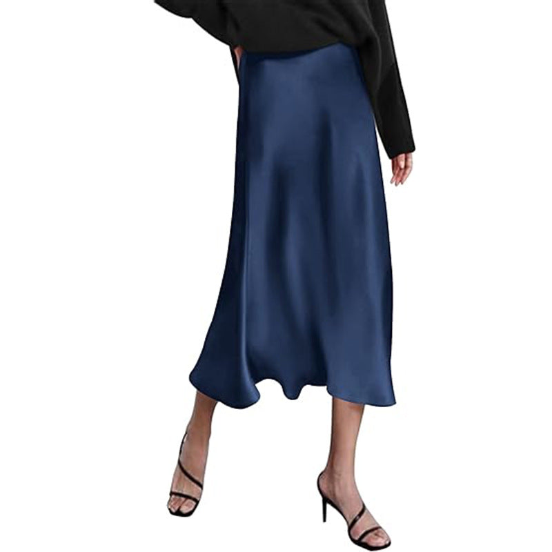 Women's elegant midi skirt in satin viscose with a flowing drape, size GR