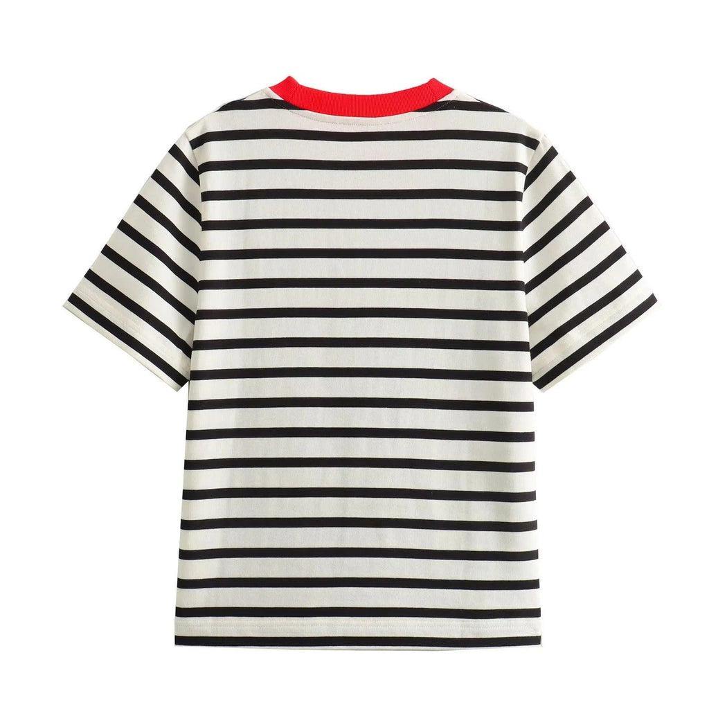 Damen Freizeit T-Shirt mit kontrastierendem Kragen und lässigem Streifenmuster GR