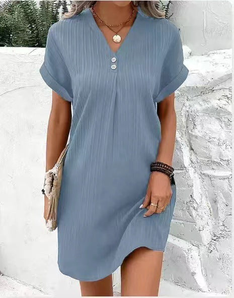 Damen Kurzarm Kleid mit Knopfleiste und feinem Längsstreifenmuster GR