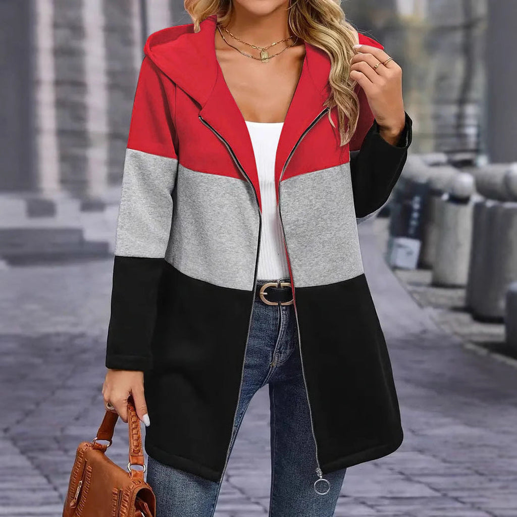 Women's hooded jacket with a modern color-block design and practical zip pockets, size