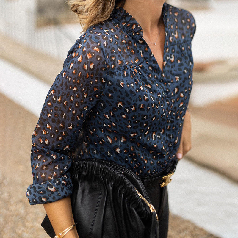 Damen Bluse mit modischem Leopardenmuster und exklusivem Rüschenkragen GR