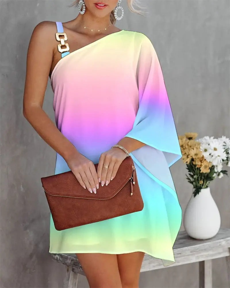 Women's casual dress with asymmetrical cut and shimmering details, size