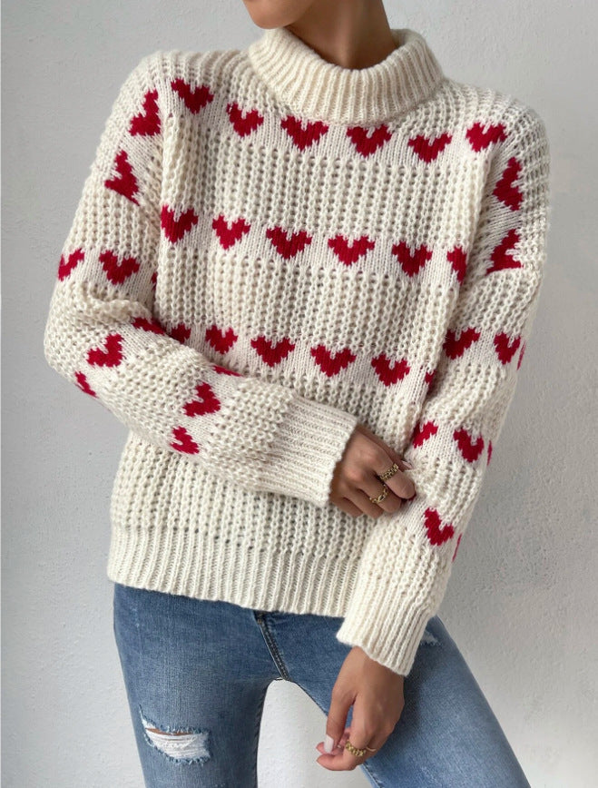 GR Half High Collar Loose Fit Love Heart Jacquard Knit Sweater