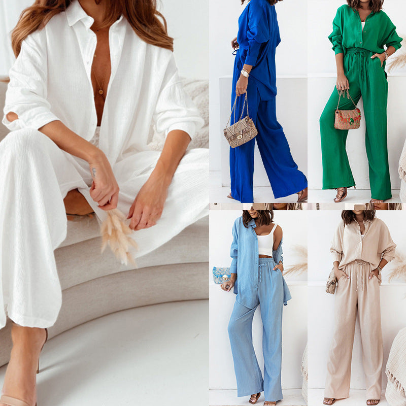 Women's casual two-piece set with long-sleeved blouse and wide-leg trousers, size