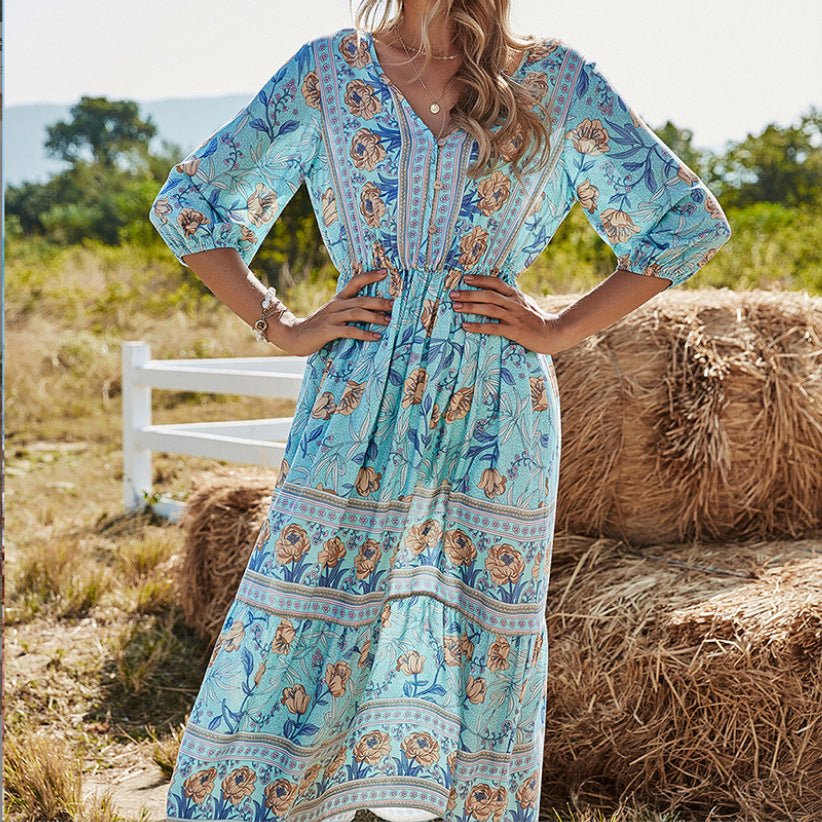 GR | Damen Midikleid mit V-Ausschnitt und Blumenmuster