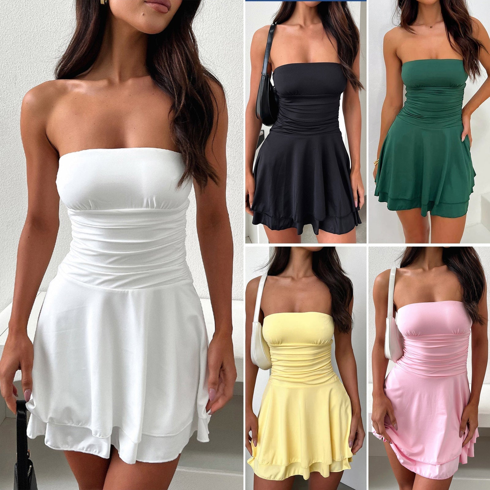 Women's sleeveless mini dress with gathered bodice and flowing hem, size S