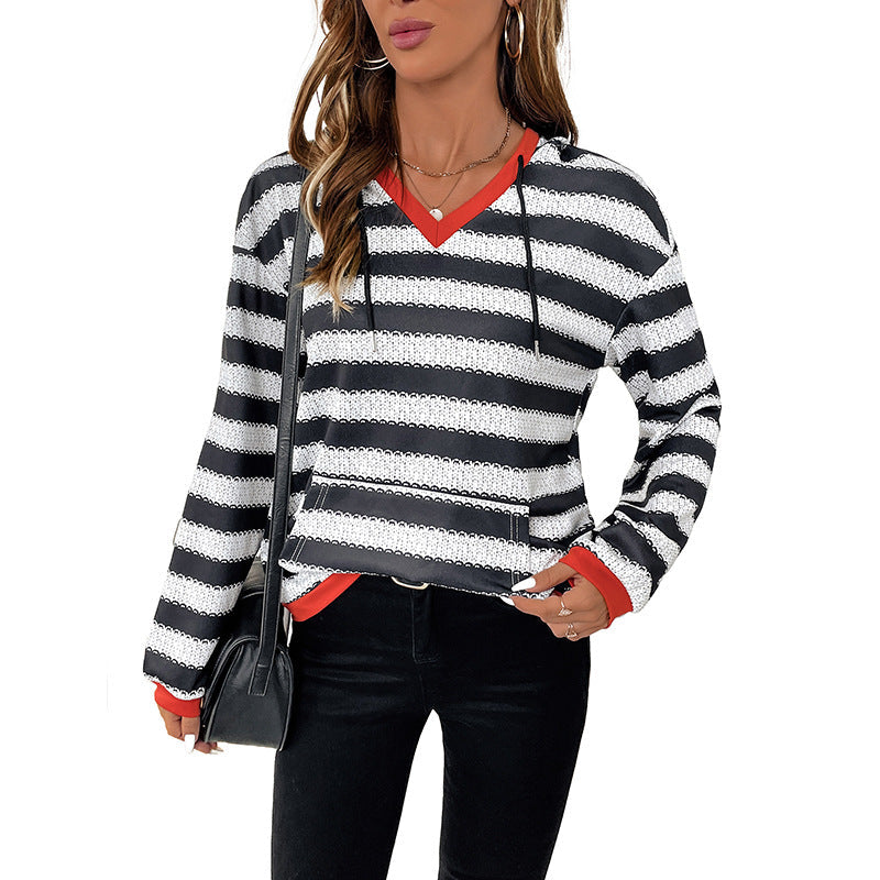 Damen Kapuzenpullover mit modernem Streifen-Muster und praktischem Kängurutasche GR